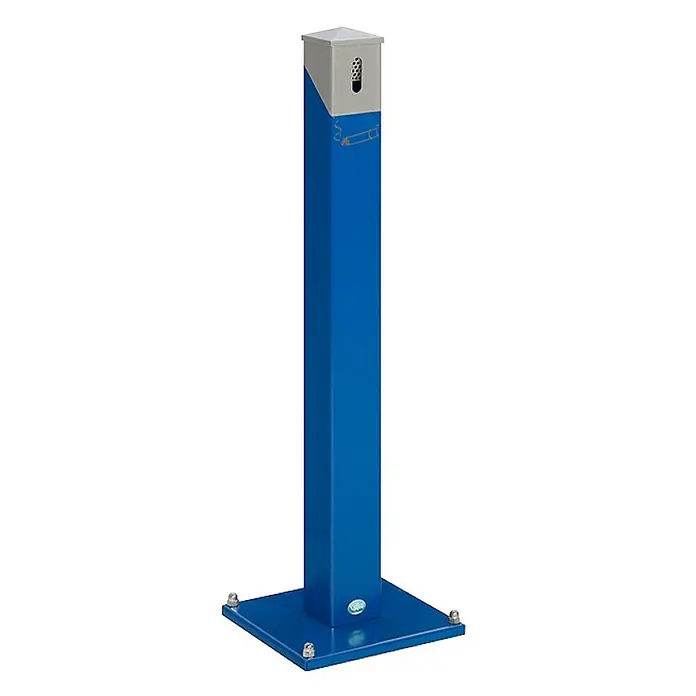 Proregal Asche-Mülleimer rund mit abnehmbarem Kopfteil - 9,4 l, Stahl, Blau - Hoher, blauer Stehaschenbecher mit quadratischem Säulendesign, silber-grauem Oberteil und breitem Sockel, mit Zigarettensymbol.
