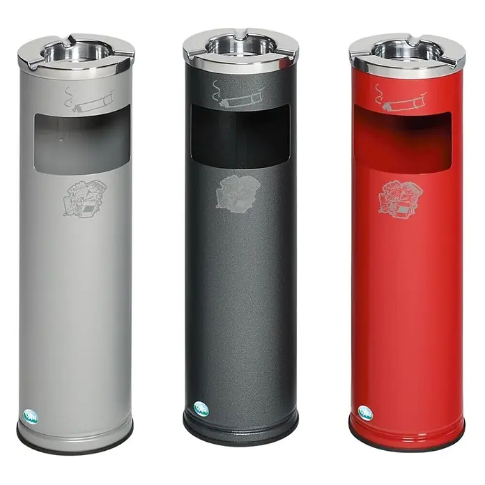 Proregal Asche-Mülleimer robust mit poliertem Aschereinsatz - 11,6 l, Stahl, Rot - Drei zylindrische Outdoor-Ascher in Silber, Dunkelgrau und Rot mit Chromoberseiten zur Zigarettenentsorgung.