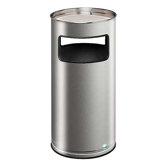 Proregal Asche-Mülleimer mit Kantenschutz - 37,3 l, Edelstahl, Silber - Zylindrischer Edelstahl-Mülleimer mit rechteckiger Einwurföffnung.