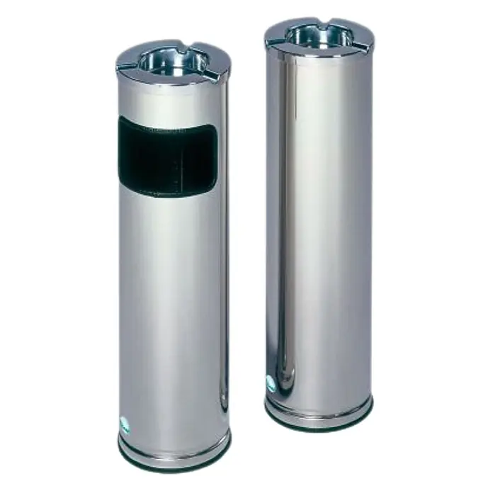 Proregal Asche-Mülleimer robust mit poliertem Aschereinsatz - 11,6 l, Edelstahl, Poliert - Zwei glänzende zylindrische Aschenbecher aus Edelstahl, einer mit rechteckigem Abfallschlitz.