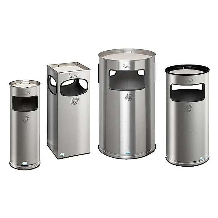 Proregal Asche-Mülleimer mit Kantenschutz - 37,3 l, Edelstahl, Silber - Vier Aschenbecherbehälter aus Edelstahl mit integrierten Abfallöffnungen, in verschiedenen Formen und Größen.