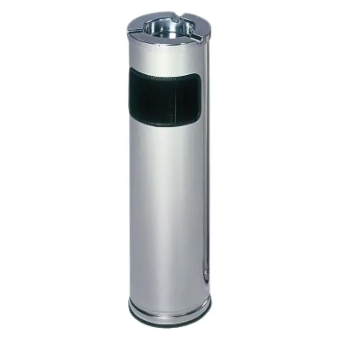 Proregal Asche-Mülleimer robust mit poliertem Aschereinsatz - 11,6 l, Edelstahl, Poliert - Silberner Edelstahl-Ascher mit rundem Oberteil und schwarzem rechteckigen Abfalleinwurf.
