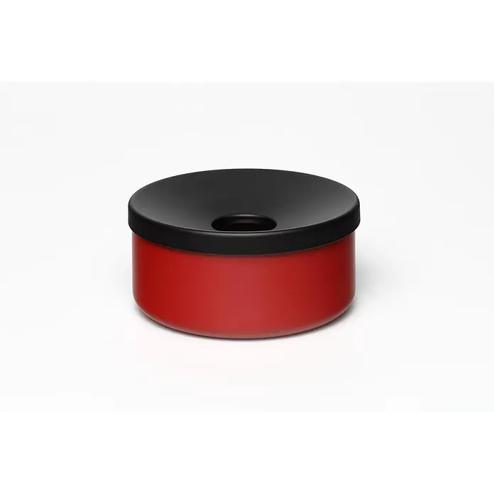Proregal Asche-Mülleimer robust - Stahl, Rot - Roter zylindrischer Behälter mit schwarzem, konkavem Deckel und mittiger Öffnung, wohl zur Entsorgung.