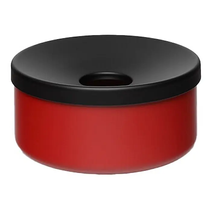 Proregal Asche-Mülleimer robust - Stahl, Rot - Roter zylindrischer Behälter mit schwarzem, konkavem Deckel und zentraler Öffnung.