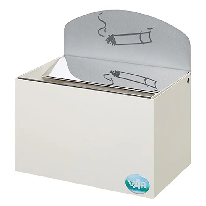 Proregal Aschenbecher - Robuster Wandascher mit Schild - Stahl, Weiß - Weißer, rechteckiger Aschenbecher mit Metalloberteil und Rückwand mit rauchender Zigaretten-Illustration.