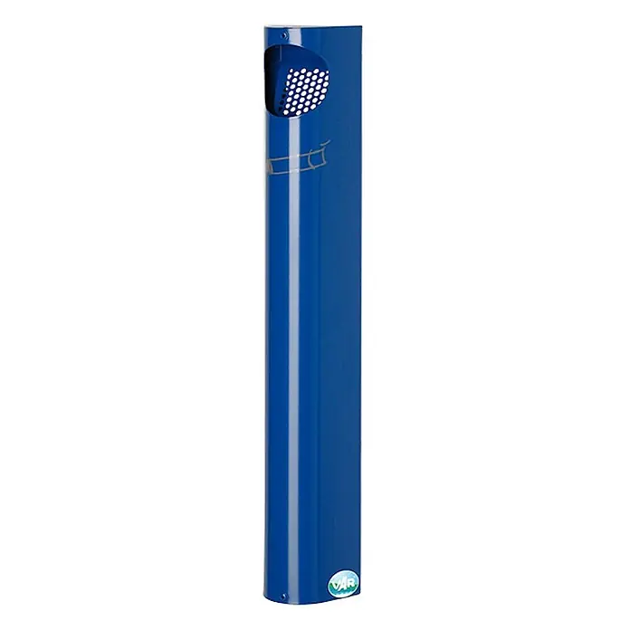 Proregal Aschenbecher - Praktischer Wandascher mit Abstreifblech - Stahl, Blau - Blauer zylindrischer Außenaschenbecher mit perforierter Oberseite und VAR-Logo.