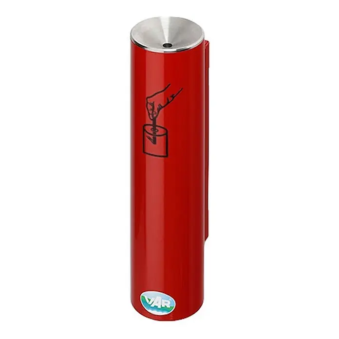Proregal Asche-Mülleimer robust und verschließbar - Stahl, Rot - Roter zylindrischer Wand-Aschenbecher mit Edelstahldeckel und Zigarettenlösch-Grafik.