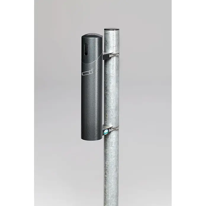 Proregal Aschenbecher - Robuster Wandascher - Stahl, Grau - Dunkelgrauer, strukturierter zylindrischer Aschenbecher an verzinktem Metallpfosten montiert.