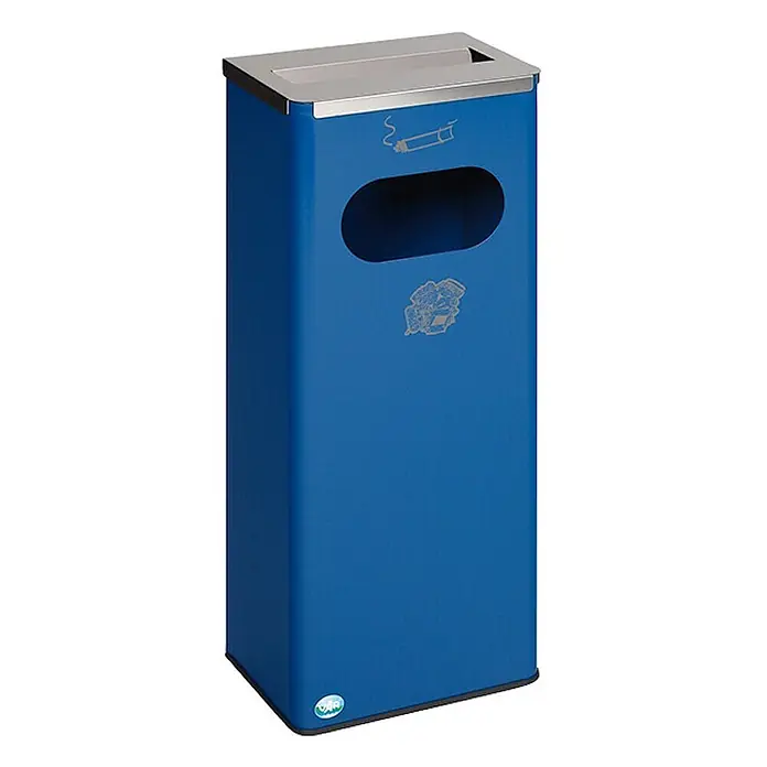 Proregal Asche-Mülleimer robust mit Edelstahl-Abdeckung - Stahl, Blau - Blauer rechteckiger Aschenbecher und Abfallbehälter mit Edelstahldeckel und Müll-/Zigarettensymbolen.
