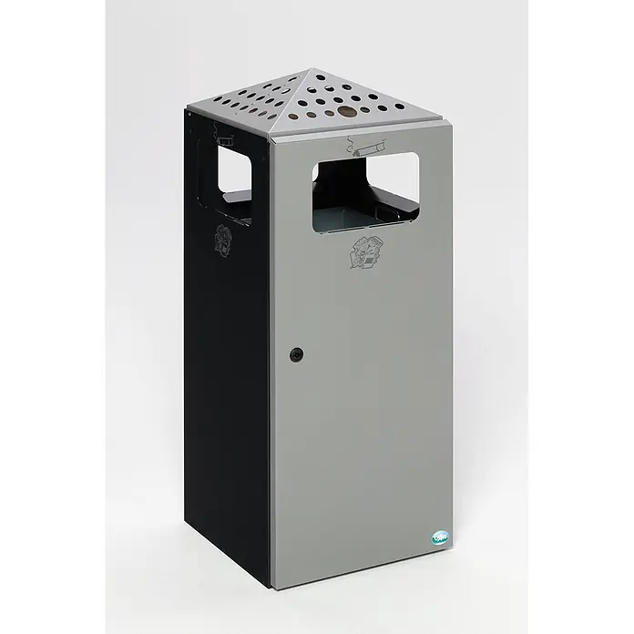 Proregal Asche-Mülleimer mit Einflügeltür + Deckel - 80 l, Stahl, Anthrazit - Zweifarbiger dreieckiger Mülleimer aus Metall mit Ascheraufsatz, hellgrau und schwarz, mit Einwurföffnungen.