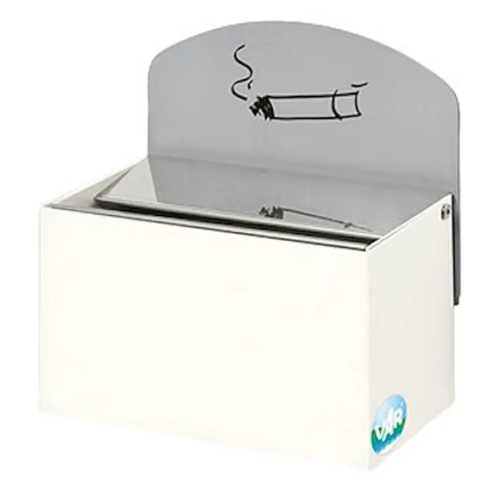 Proregal Aschenbecher - Robuster Wandascher mit Schild - Stahl, Weiß - Weißer, rechteckiger Wandaschenbecher mit silbernem Metalloberteil und Rückwand mit Zigarettengrafik.
