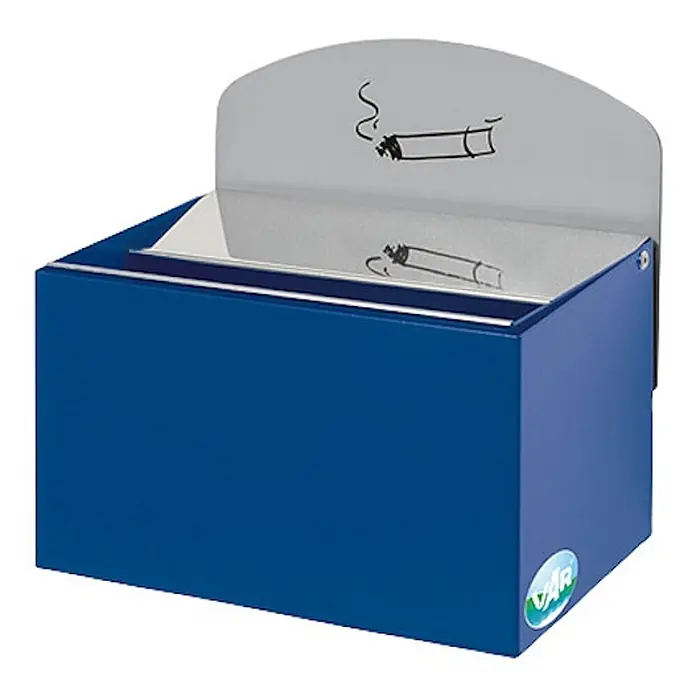 Proregal Aschenbecher - Robuster Wandascher mit Schild - Stahl, Blau - Blauer Wandascher aus Metall mit silberner Ablage und Zigarettensymbol für Rauchabfälle.