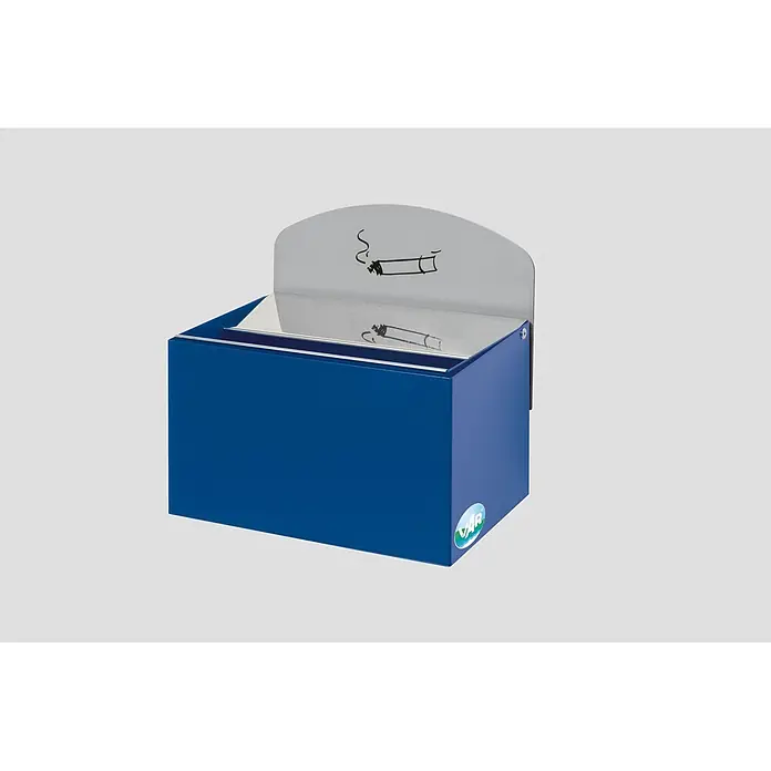 Proregal Aschenbecher - Robuster Wandascher mit Schild - Stahl, Blau - Blauer Wandaschenbecher aus Metall mit reflektierender Oberseite und Zigarettengrafik.
