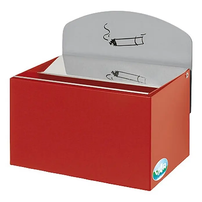 Proregal Aschenbecher - Robuster Wandascher mit Schild - Stahl, Rot - Roter, rechteckiger Aschenbecher mit silberner Oberseite und Rückwand, die eine Zigarettenzeichnung zeigt.