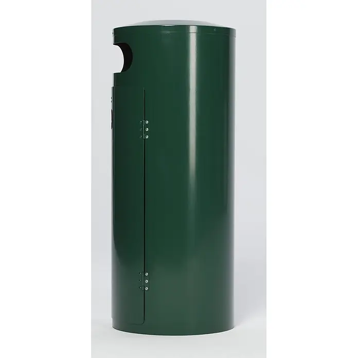 Proregal Asche-Mülleimer mit Einflügeltür - 70 l, Stahl, Grün - Dunkelgrüner zylindrischer Metallmülleimer mit oberer Öffnung und seitlicher Klapptür.