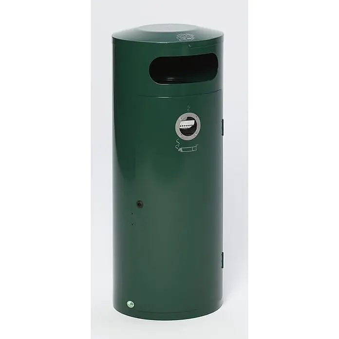 Proregal Asche-Mülleimer mit Einflügeltür - 70 l, Stahl, Grün - Hoher, dunkelgrüner Metallmülleimer mit oberer Öffnung und integriertem Rundaschenbecher mit Zigarettensymbol.