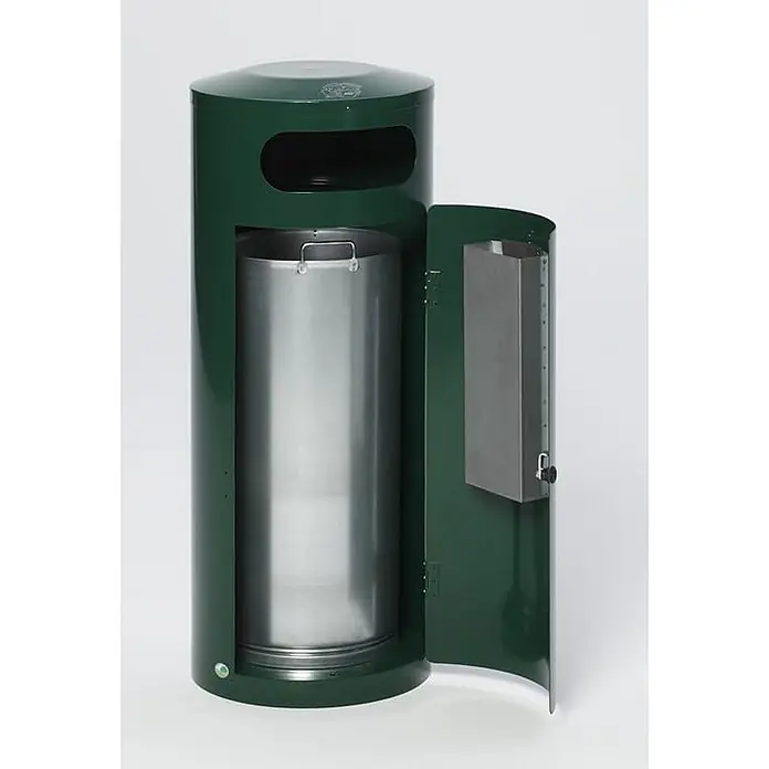 Proregal Asche-Mülleimer mit Einflügeltür - 70 l, Stahl, Grün - Dunkelgrüner zylindrischer Mülleimer aus Metall mit geöffneter Seitentür, der einen herausnehmbaren Metall-Inneneimer zeigt.