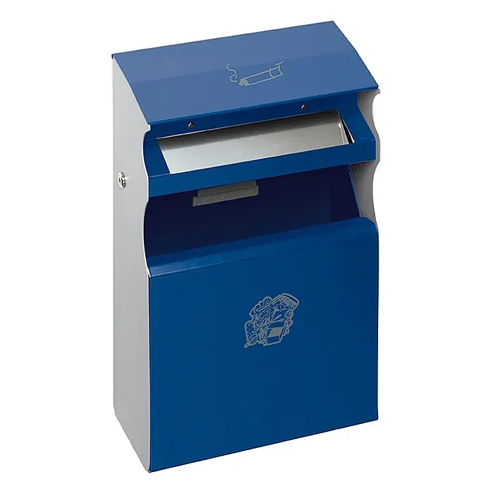 Proregal Asche-Mülleimer eckig mit Einwurfblende - 15 l, Stahl, Blau - Schlanker, blau-silberner Wandaschenbecher mit Zigarettensymbol und Ziergrafik.