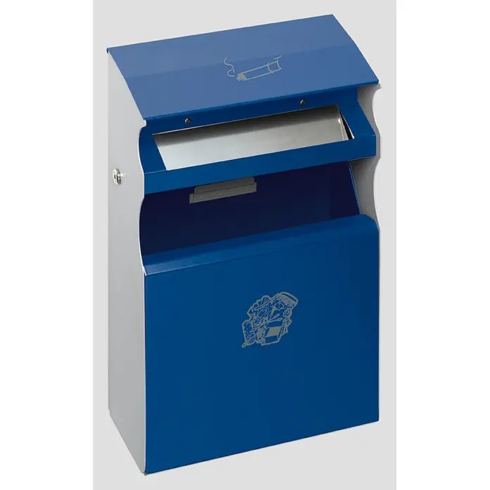 Proregal Asche-Mülleimer eckig mit Einwurfblende - 15 l, Stahl, Blau - Blauer und silberner Metall-Zigarettensammelbehälter mit schräger Oberseite und Zigarettensymbol.