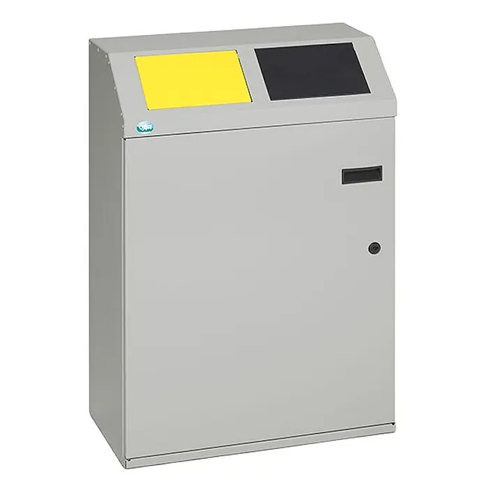 Proregal Mülltrennsystem - Robustes Wertstoffsortiersystem eckig 2-Fach - 48 l, Stahl, Silber - Grauer Metall-Recyclingbehälter mit zwei oberen Fächern (gelb und schwarz), einem Frontschlitz und einem Schloss.