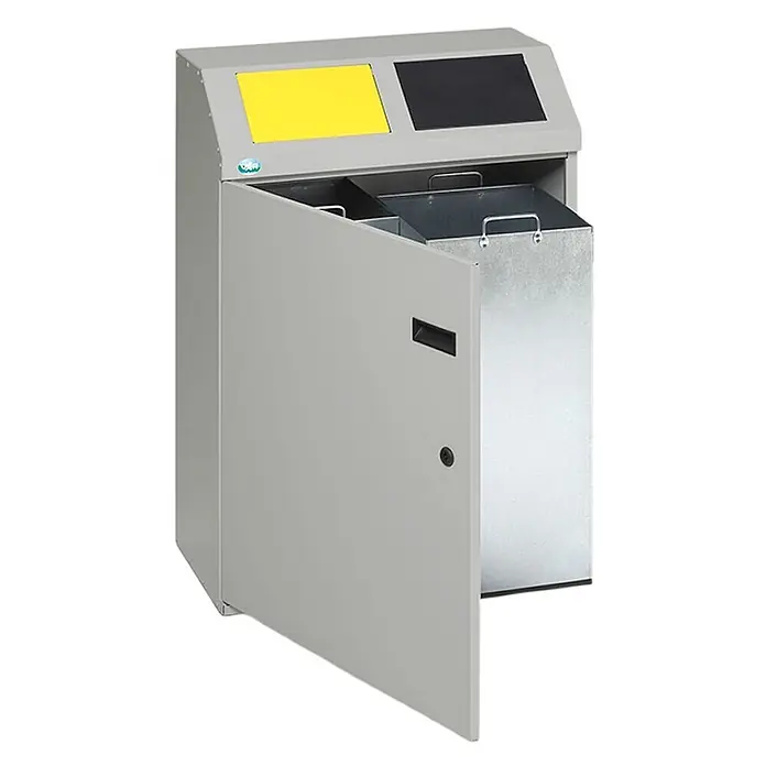 Proregal Mülltrennsystem - Robustes Wertstoffsortiersystem eckig 2-Fach - 48 l, Stahl, Silber - Grauer Metall-Recyclingbehälter mit zwei Fächern (gelbe und schwarze Einwurföffnungen). Offene Tür zeigt zwei verzinkte Innenbehälter.
