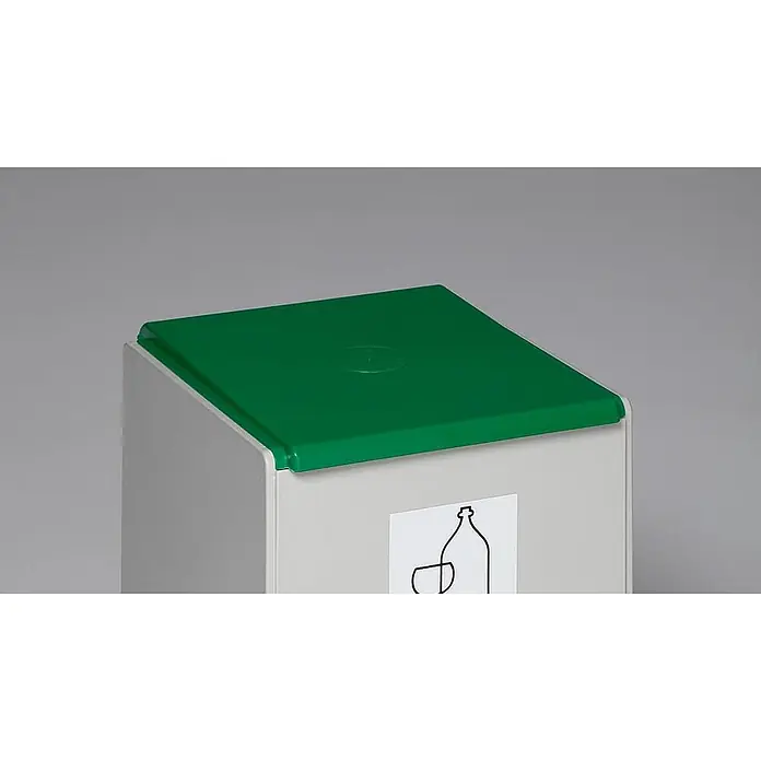 Proregal Mülltrennsystem - Robustes Abfall- und Wertstoffsammelsystem 4-Fach - 60 l, Grau - Quadratischer hellgrauer Recyclingbehälter mit grünem Deckel und Glasrecycling-Piktogramm.
