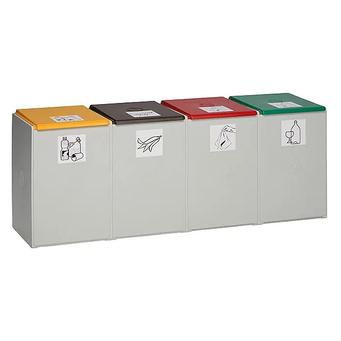 Proregal Mülltrennsystem - Robustes Abfall- und Wertstoffsammelsystem 4-Fach - 60 l, Grau - Vier graue Mülltrennsysteme mit farbigen Deckeln (Gelb, Braun, Rot, Grün) und Piktogrammen zur Abfalltrennung.