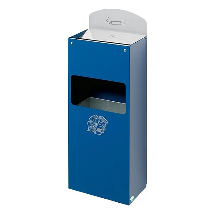 Proregal Aschenbecher - Robuster Wandascher mit Schild - Stahl, Blau - Blauer Metall-Außenaschenbecher und Mülleimer mit oberer Zigarettenablage und Abfallöffnung mit Recyclingsymbol.
