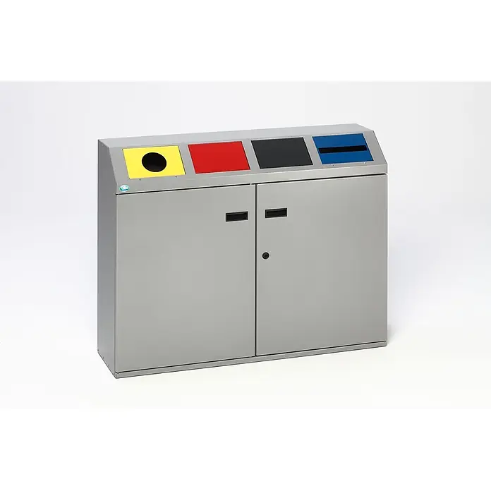Proregal Mülltrennsystem - Robustes Wertstoffsortiersystem eckig 4-Fach - 48 l, Stahl, Silber - Grauer Metall-Recyclingbehälter mit vier farbcodierten Fächern (gelb, rot, schwarz, blau) zur Mülltrennung.