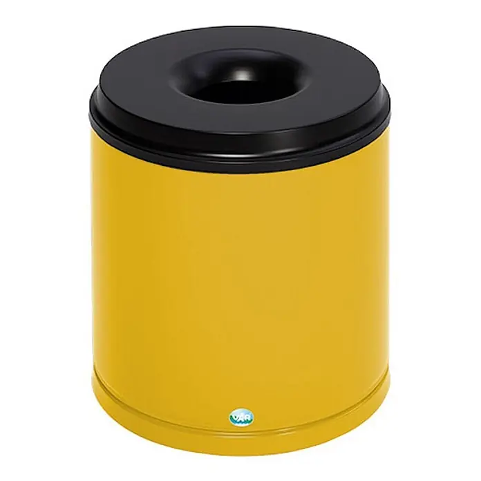 Proregal Papierkorb selbstlöschend - 30 l, Stahl, Gelb - Gelber zylindrischer Abfalleimer mit schwarzem Deckel und zentraler Einwurföffnung.