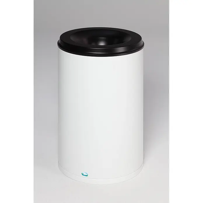 Proregal Papierkorb selbstlöschend - 110 l, Stahl, Weiß - Weißer zylindrischer Abfalleimer mit schwarzem Rand.