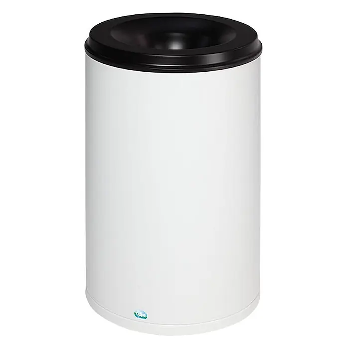 Proregal Papierkorb selbstlöschend - 110 l, Stahl, Weiß - Weißer zylindrischer Abfalleimer mit schwarzem Deckel.