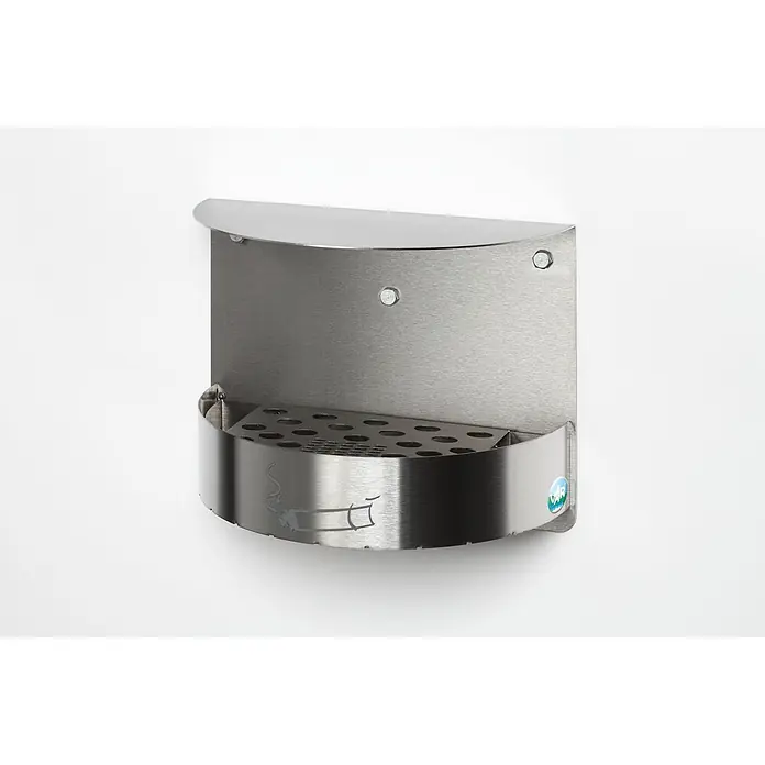 Proregal Aschenbecher - Wandascher mit Schutzdach verschließbar - Edelstahl, Edelstahl - Wandascher aus gebürstetem Edelstahl mit perforiertem Boden und Zigarettensymbol.