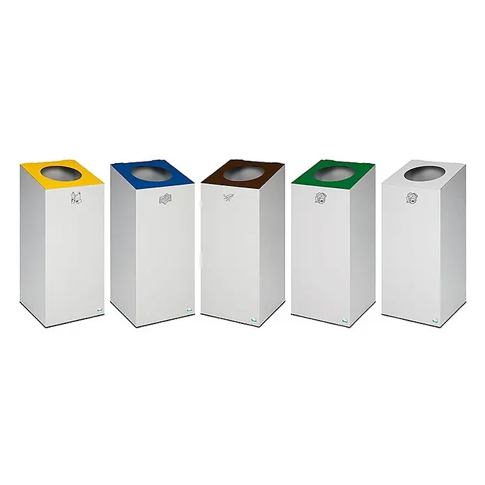 Proregal Wertstoffsammler robust & modular mit runder Einwurföffnung - 100 l - Fünf weiße Recyclingbehälter mit farbigen Deckeln. Symbole zeigen an: gelb für Plastik, blau für Papier, braun für Bio, grün für Glas, weiß für Restmüll.
