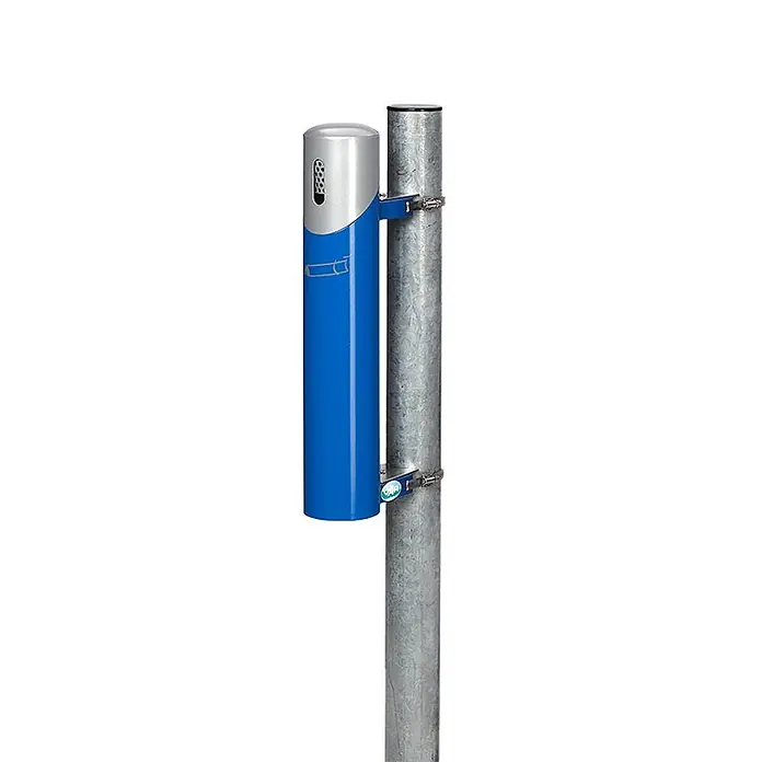 Proregal Aschenbecher - Robuster Wandascher - Stahl, Blau - Blauer und silberner Metall-Aschenbecher zur Pfahlmontage, mit perforierter Oberseite und Zigarettensymbol.