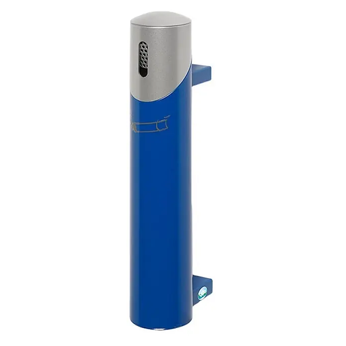 Proregal Aschenbecher - Robuster Wandascher - Stahl, Blau - Blau-silberner zylindrischer Aschenbecher mit Gitteröffnung und Zigarettensymbol.
