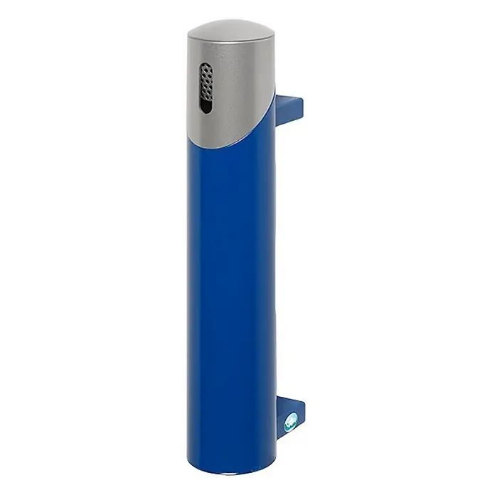 Proregal Aschenbecher - Robuster Wandascher - Stahl, Blau - Blau-silberner zylindrischer Lufterfrischer mit perforiertem Lüftungsschlitz und Seitenbefestigung.