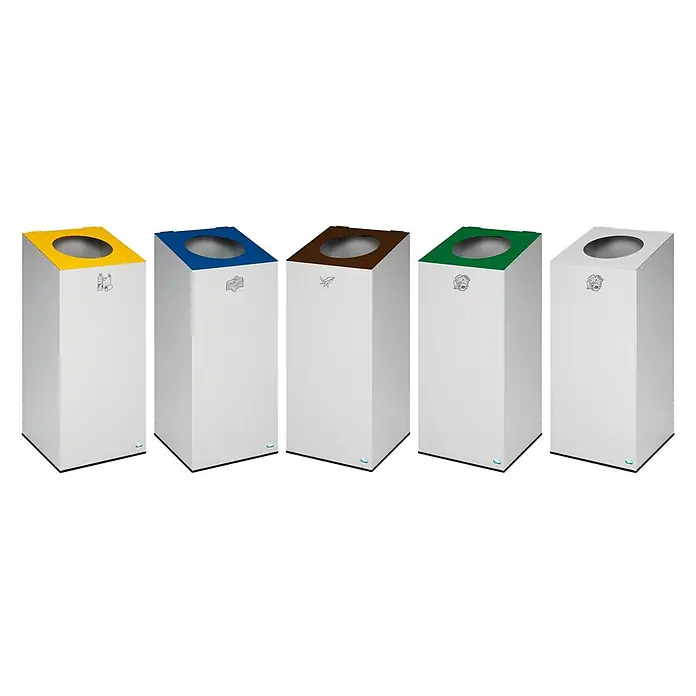 Proregal Wertstoffsammler robust & modular mit runder Einwurföffnung - 100 l - Fünf rechteckige Recyclingbehälter mit weißem Korpus und farbigen Deckeln (gelb, blau, braun, grün, grau) zur Mülltrennung, jeweils mit Abfallsymbol.