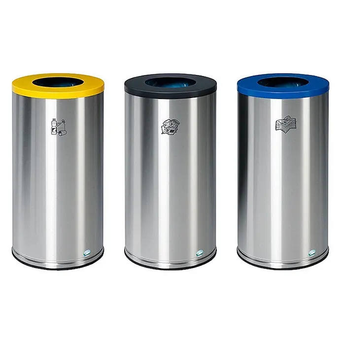 Proregal Wertstoffsammler robust mit Deckel - 35,5 x 35,5 x 70 cm, 70 l - Dreier-Set Recyclingbehälter aus Edelstahl mit gelben, schwarzen und blauen Deckeln, jeweils für spezifische Abfallarten gekennzeichnet.