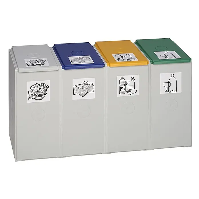 Proregal Mülltrennsystem - Robustes Abfall- und Wertstoffsammelsystem 4-Fach - 40 l, Grau - Vier graue Recyclingbehälter mit farbigen Deckeln (grau, blau, gelb, grün), etikettiert zur Mülltrennung.