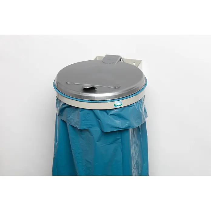 Proregal Wertstoffsammler robust zur Wertstoffsortierung 1-Fach -  - Wandmontierter Abfalleimer mit grauem Deckel, hellbeigem Ring und blauem Plastiksack.