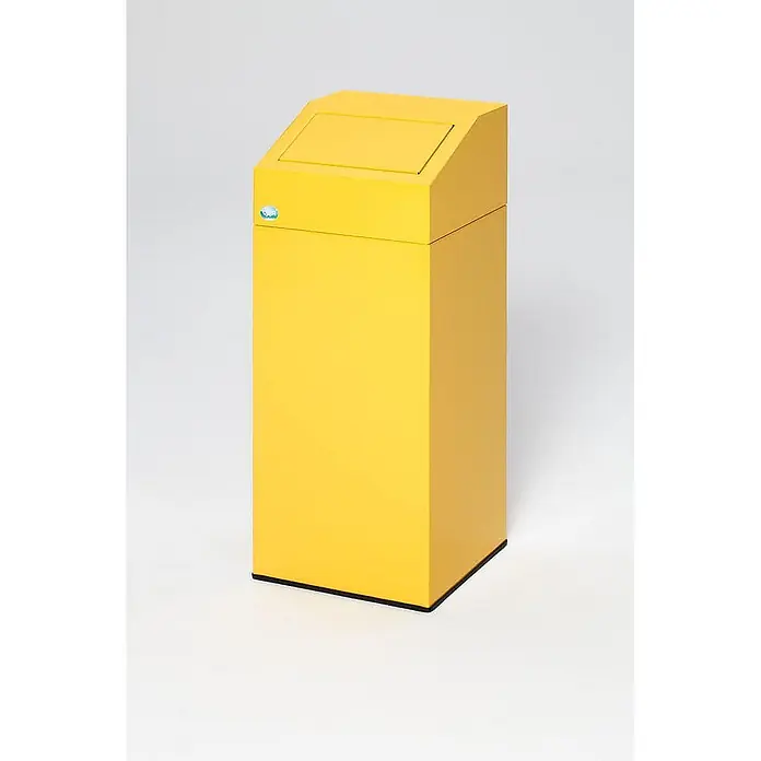 Proregal Wertstoffsammler selbstlöschend für "Wertstoffe" - 32 x 32 x 79 cm, 47 l - Gelber Abfallbehälter mit schräger Oberseite und rechteckiger Deckelöffnung.