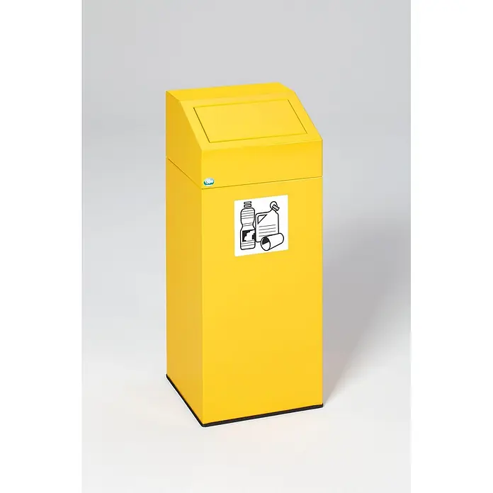 Proregal Wertstoffsammler selbstlöschend für "Wertstoffe" - 32 x 32 x 79 cm, 47 l - Hellgelber Recyclingbehälter mit schrägem Deckel und Symbol für Plastikflaschen und Dosen.