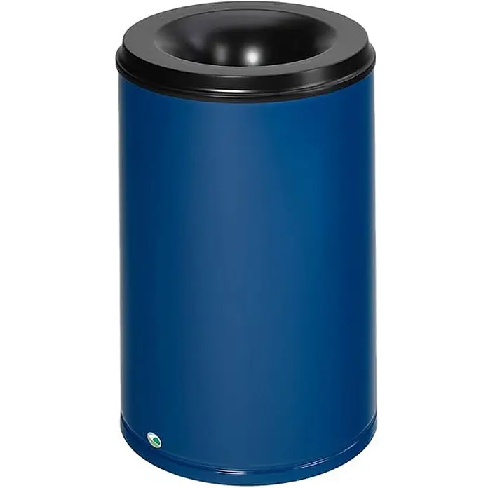 Proregal Papierkorb selbstlöschend - 110 l, Stahl, Blau - Blauer zylindrischer Abfallbehälter mit schwarzem, eingelassenem trichterförmigem Deckel.