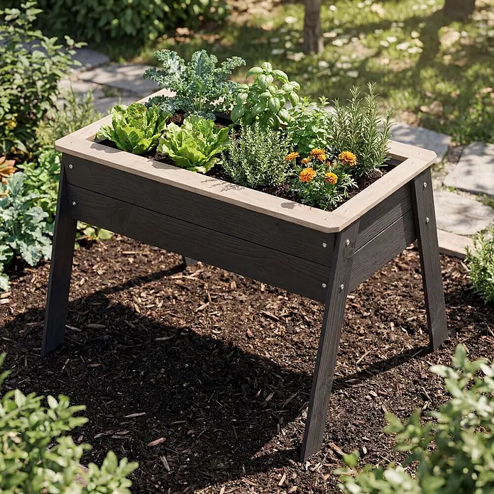 Dobar Hochbeet für Kinder - 78 x 60 x 50 cm, Holz, Grau - Dunkles Hochbeet in Holzoptik mit hellem Rand, gefüllt mit Salat, Kräutern und Ringelblumen, auf Erde in einem sonnigen Garten.
