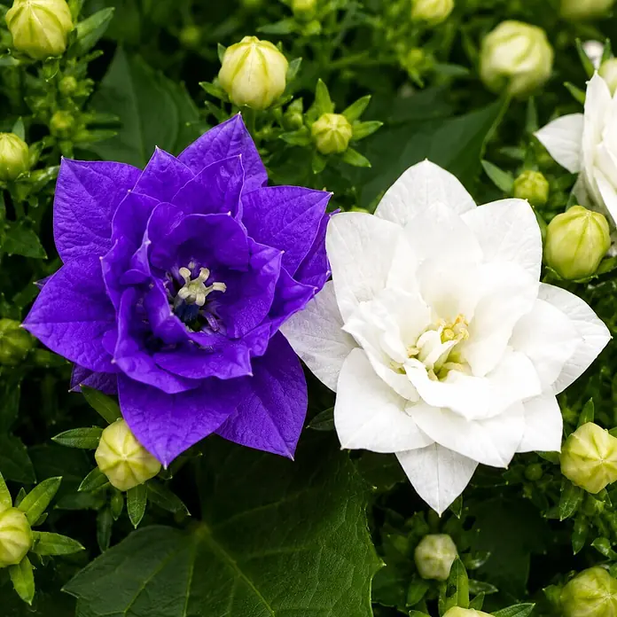 Piardino Polsterglockenblume - Campanula portenschlagiana 'Duo', Topfgröße: 14 cm, Violettblau/Weiß - Eine tiefviolette und eine weiße gefüllte Glockenblume blühen, umgeben von geschlossenen grünen Knospen.