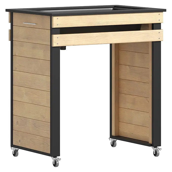 Dobar Hochbeet Wheely auf Rollen - 77 x 47 x 88 cm, Holz, Braun/Schwarz - Mobiles Verkaufsregal mit hellen Holzlamellen, schwarzem Metallrahmen, obenliegendem Präsentationsbecken und feststellbaren Rollen.