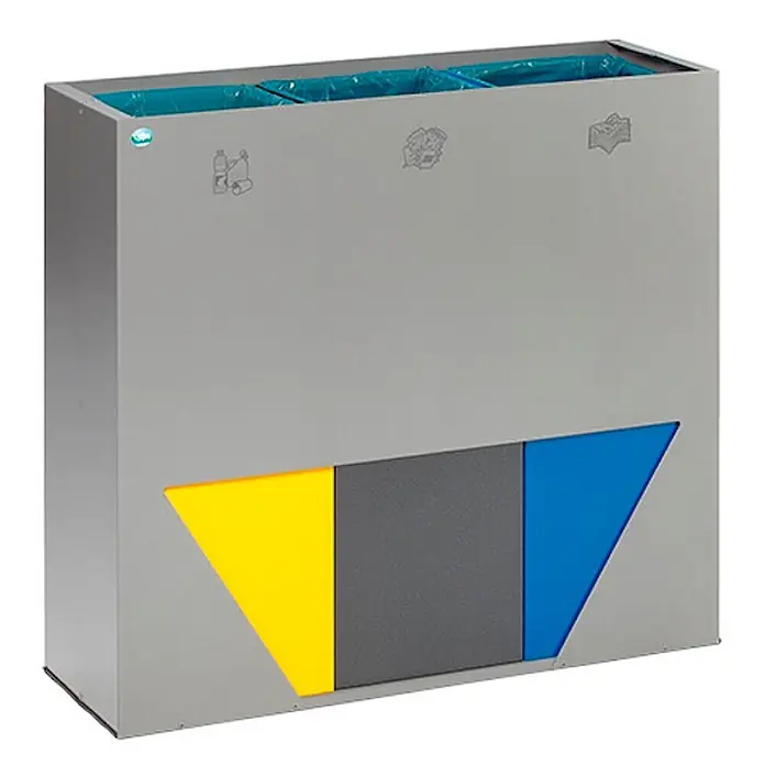 Proregal Wertstoffsammler robust mit 3 Einsätzen - 89 l - Grauer Metall-Dreifach-Recyclingbehälter mit gelben, dunkelgrauen und blauen geometrischen Akzenten und Abfallsymbolen.