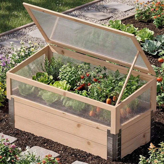 Dobar Hochbeet - 100 x 50 x 50 cm, Holz, Natur - Hölzernes Frühbeet mit geöffnetem Klarsichtdeckel, das junge Pflanzen wie Salat, Tomaten und Karotten im Gartenbeet beherbergt.
