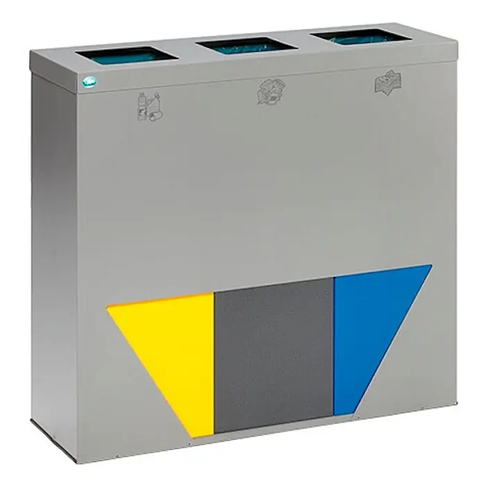 Proregal Wertstoffsammler robust mit 3 Einsätzen - 89 l - Grauer Metall-Recyclingbehälter mit drei Fächern zur Mülltrennung.